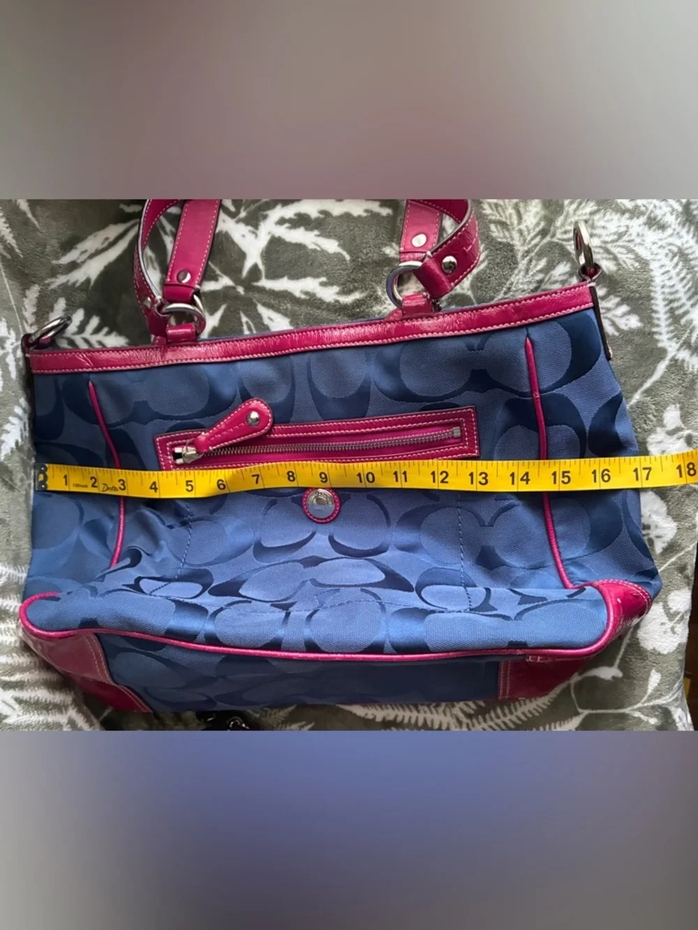 Coach Navy Signature shoulder Bag with Pink Leather Trim